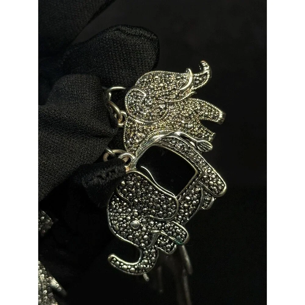 Vintage Silver Tone Elephant Charm Necklace Art Deco Style Marcasite Look